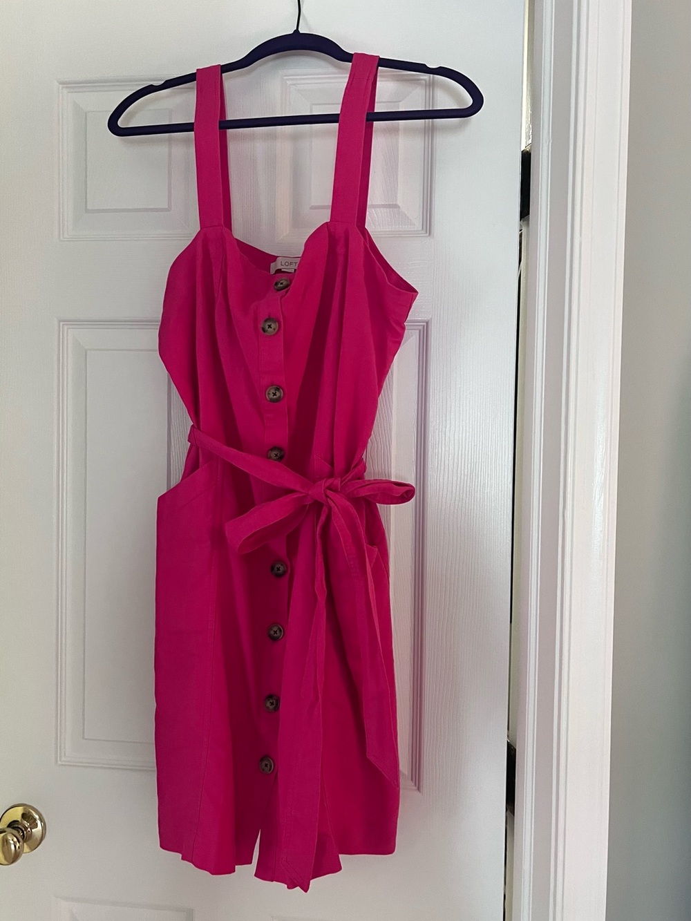 Bright Pink LOFT Button-Front Sundress with Tie Waist